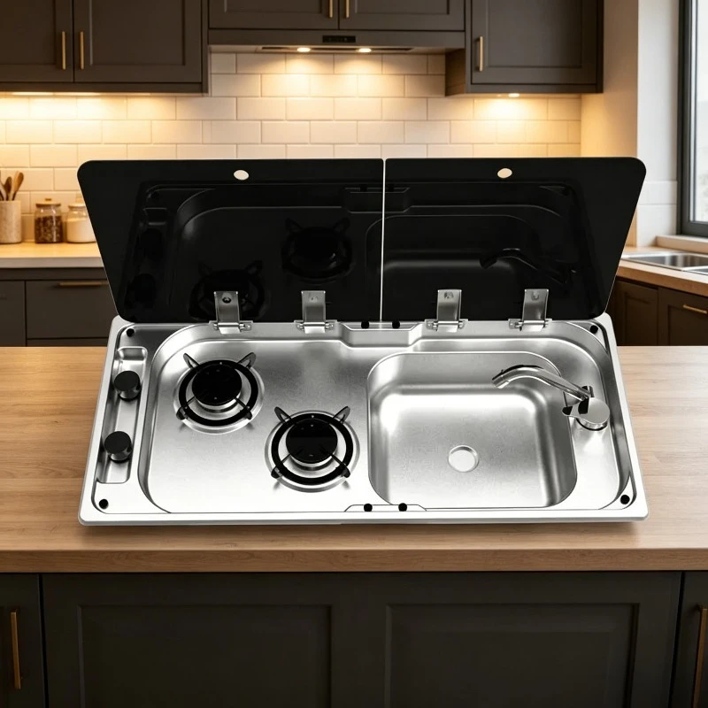2 Burner RV Gas Stove Stainless Steel Rectangular Sink Combo with 2 Glass Lids 2.18KW 0.8mm for Camper Caravan Outdoor Kitchen