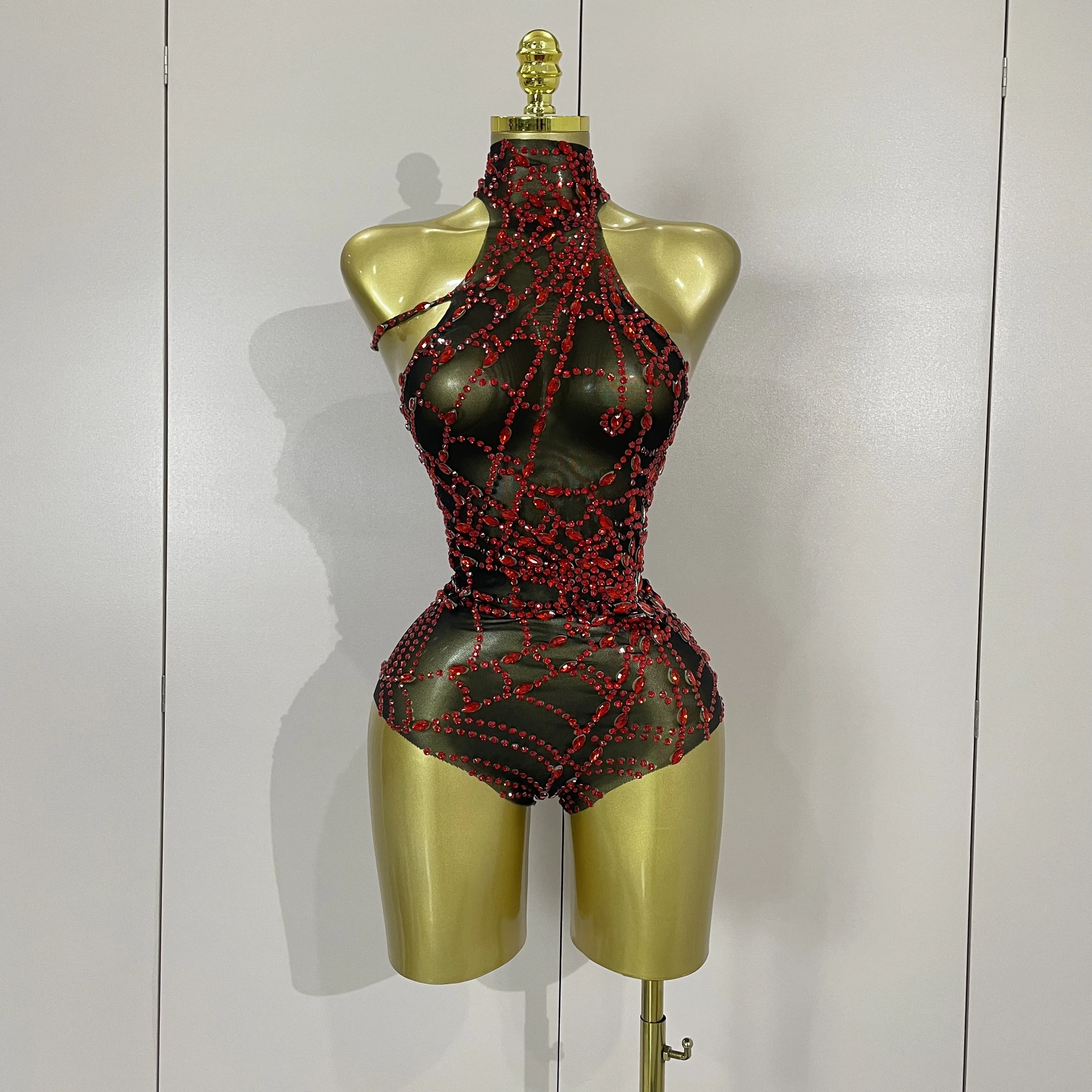 STOCK New Sexy Sparkly Diamonds Mesh Stretch Bodysuits Women Evening Nightclub Bar Party Show Gogo Dancer Clothing Stage Costume
