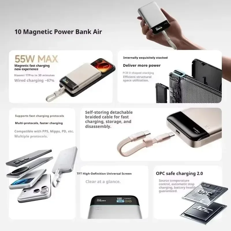 CUKTECH 10 Magnetic Power Bank Air 55W MAX Fast Charging 10000mAh High-Capacity Digital Display PowerBank Charger