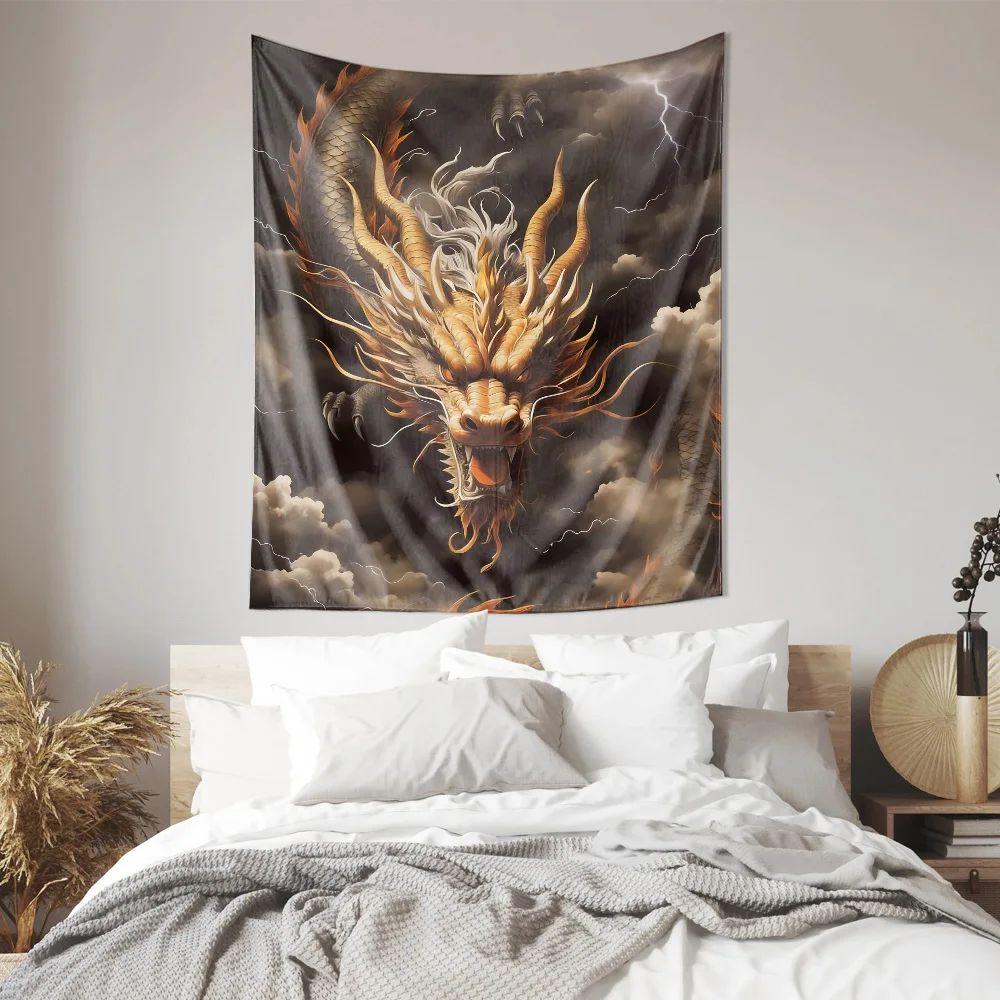 Chinese Dragon Mythical Beast Cloud Thunder Wall Tapestry Machine Washable All Season Decor  Print Oriental Fantasy Design Home