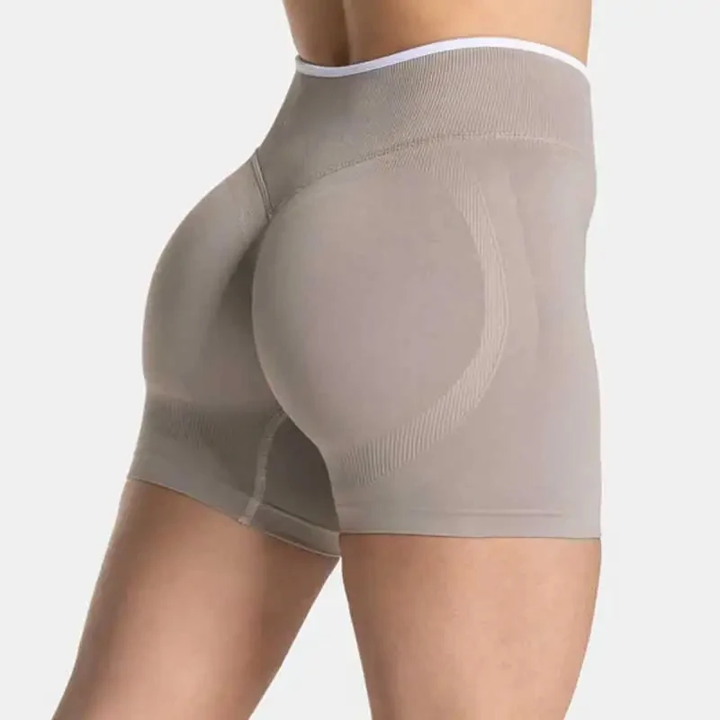Nessun logo Palestra senza cuciture da donna Sport solidi Accensione corta Vita bianca attillata Vita alta Pantaloni da yoga per sollevamento fianchi Pantaloncini sportivi da corsa