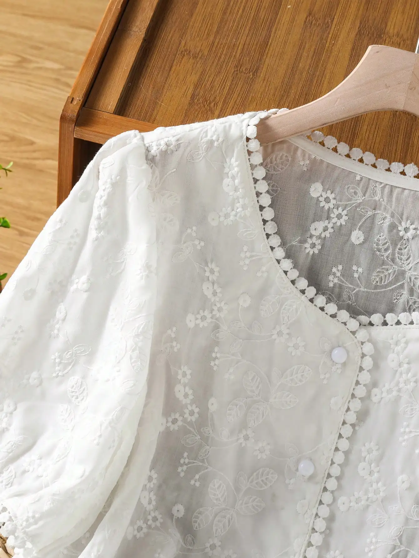 

White Floral Embroidered V-Neck Blouse With Pompom Trim Short Sleeve Women's Summer Top