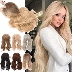 Snoilite Synthetic Long Curly Wavy Hair Toppers Ombre Blonde Clip Hair Extensions Natural Black 3-Clip with Bang Fake Hairpieres