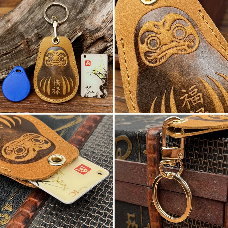 Ukiyo-e Gantungan Kunci Kulit Asli Kulit Sapi Gantungan Kunci Liontin Kunci Pintu Tag Kontrol Akses Keyfob Tag ID Casing Kartu Tag Kunci Cincin