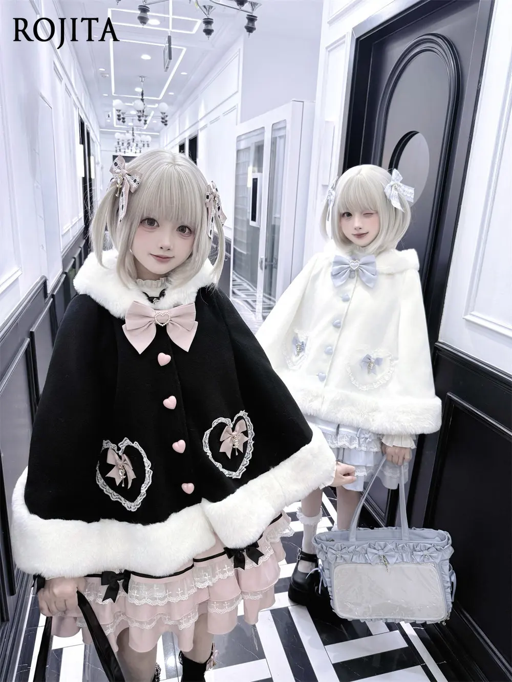 Kawaii Gothic Lolita Hooded Cape Black Pink Heart Bow Lace Faux Fur Edge Warm Short Cloak Coat for Girls