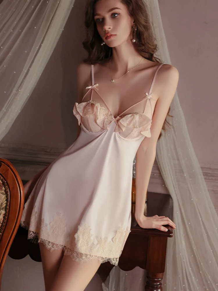 새로운 섹시한 잠옷 레이스 언더와이어 홀터 나이트드레스 아우터웨어 세트 가슴 쿠션 포함 홈웨어 섹시한 속옷 슬립웨어 드레스