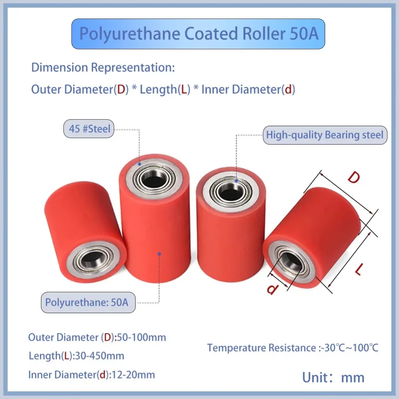 Heavy Duty PU 50A Roller OD50-100mm / Double Bearing Non-Powered Idler Wheel - Wear-Resistant Polyurethane Conveyor Accessory