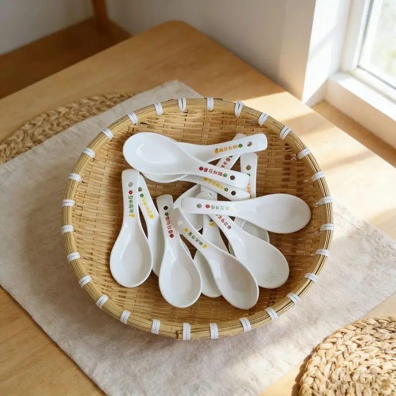 Cute Miffy Ceramic Conical Bowl with Spoon Blue Bow Design Pedestal Base Heat Resistant Soup Rice Bowl Simple Tableware for Home