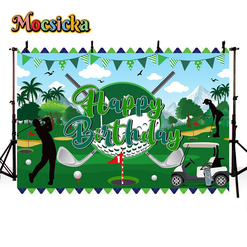 Mocsicka Photography Backdrops Happy Birthday Party Golf Course Green Background Cake Smash Indoor Adult Kids Photo Banner