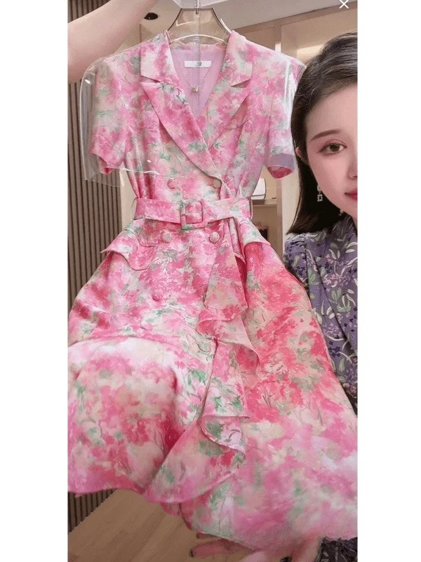 E Vestido de Mujer con Cuello en V y Manga Corta, Estilo Veraniego, Cintura Ajustada, Falda Corta con Estampado Floral...