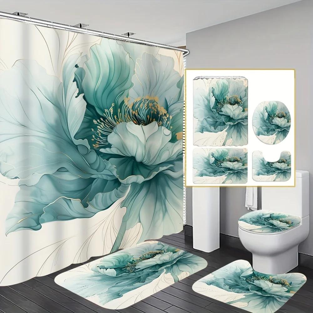 

Teal Watercolor Flower Bathroom Four-Piece Set, Soft and Stylish Bath Accessories with an Elegant Floral Design