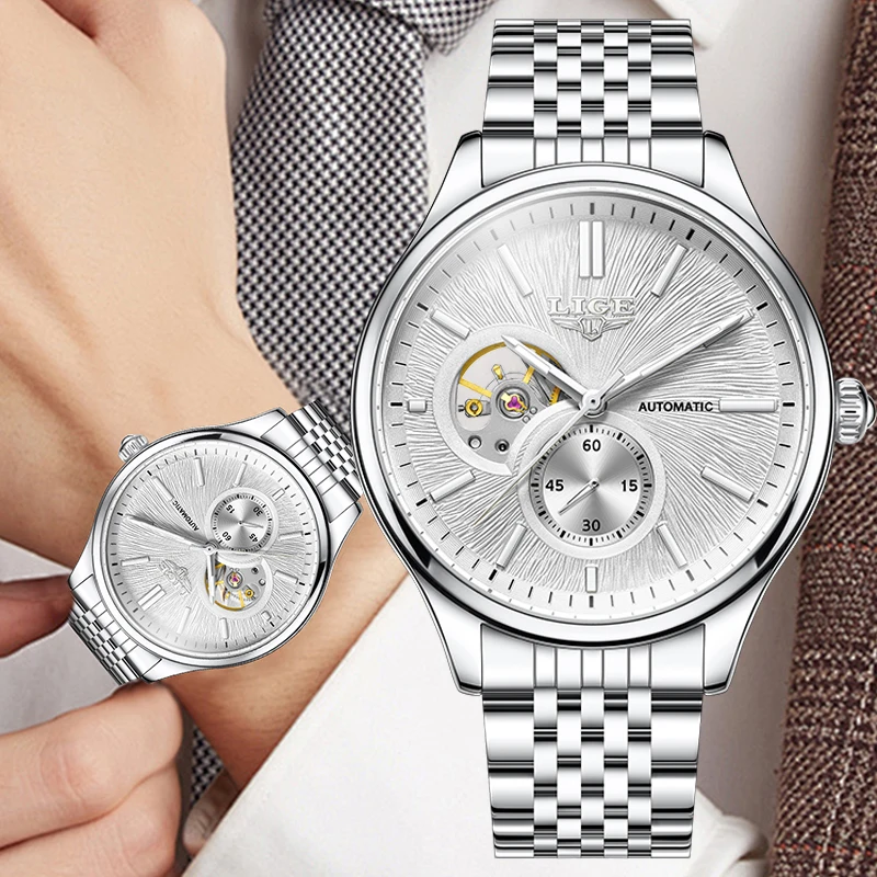 

LIGE новые мужские часы, модные деловые роскошные светящиеся механические часы из нержавеющей стали, водонепроницаемые часы для мужчин, reloj