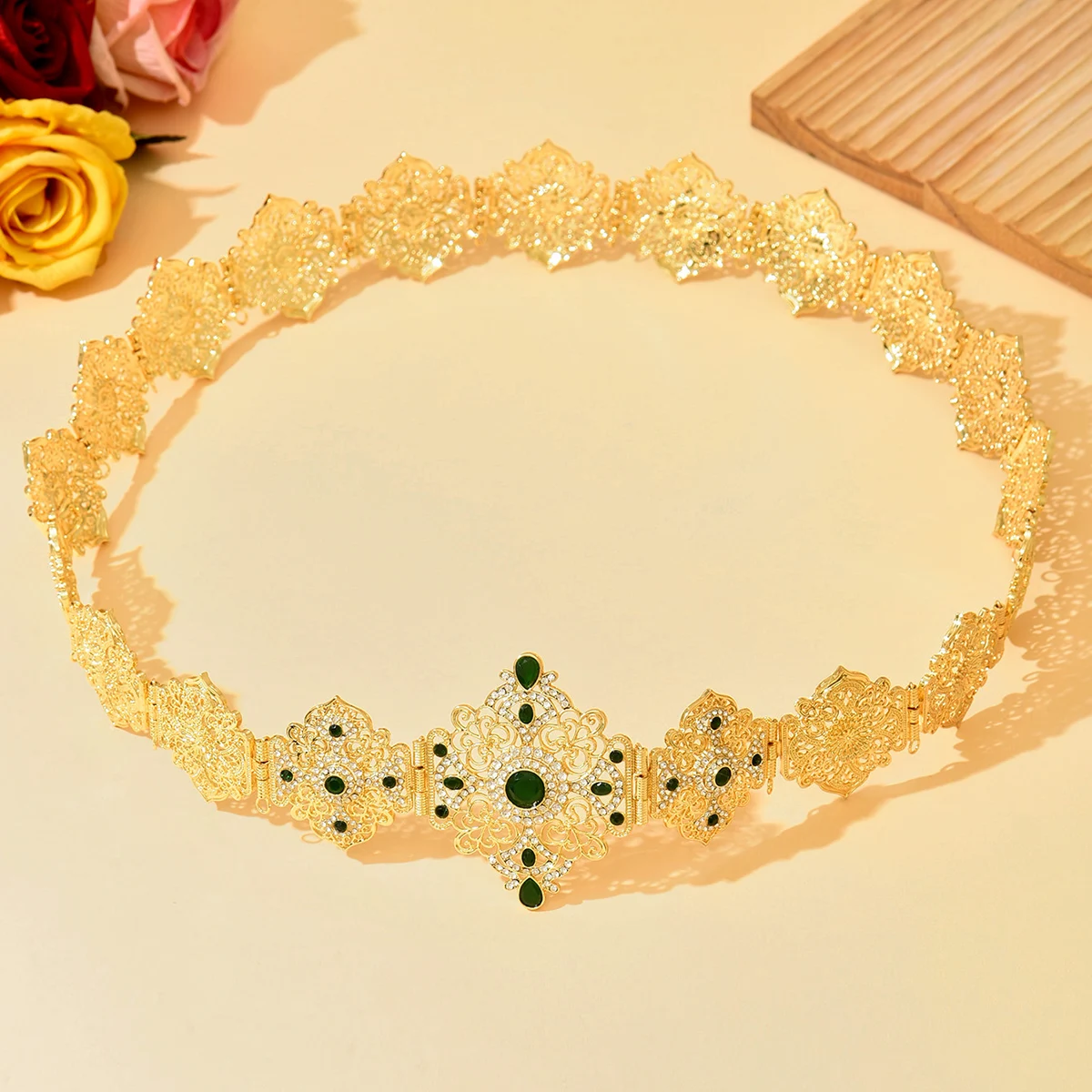 

Шикарный винтажный элегантный марокканский свадебный пояс, позолоченный, с ажурным цветочным узором, регулируемый, традиционный свадебный аксессуар