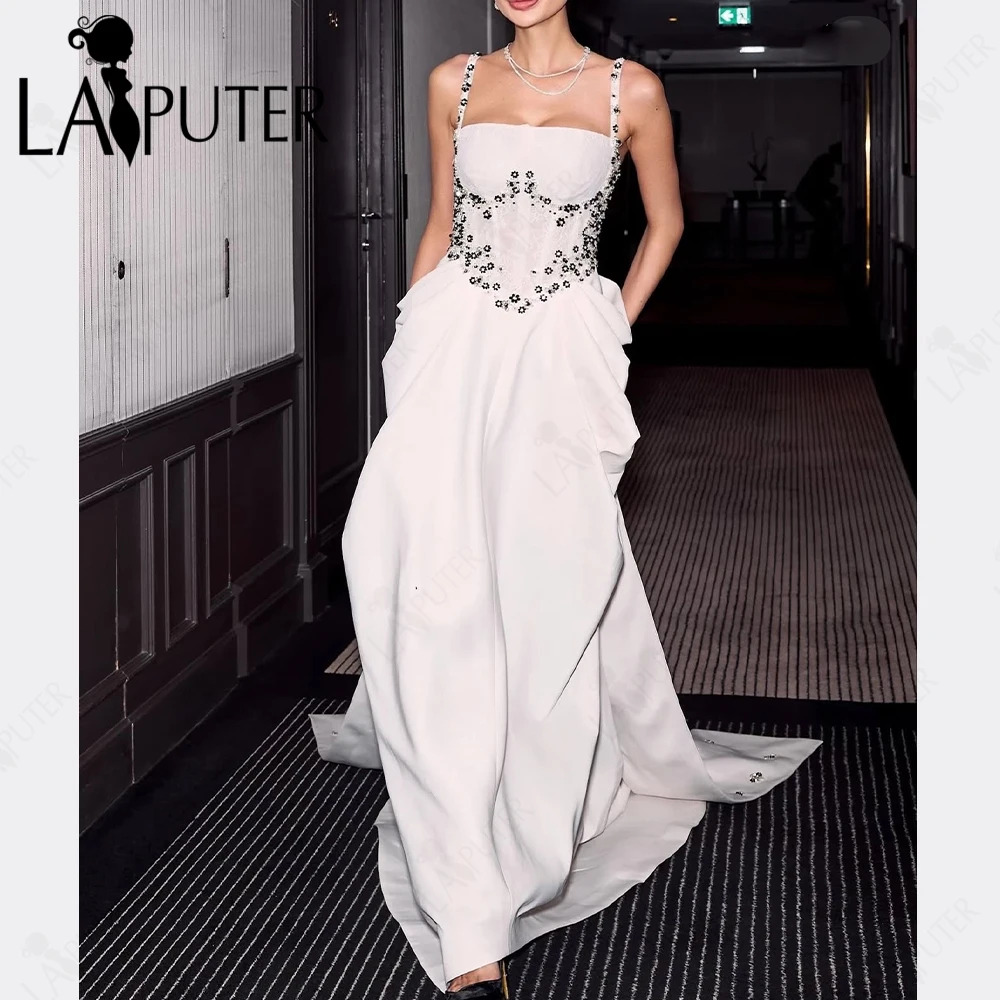 

White Satin Evening Dresses Black Floral Beads Corset Prom Dress Puffy Draped Hips Long Back Tailing Elegant Woman Formal Dress