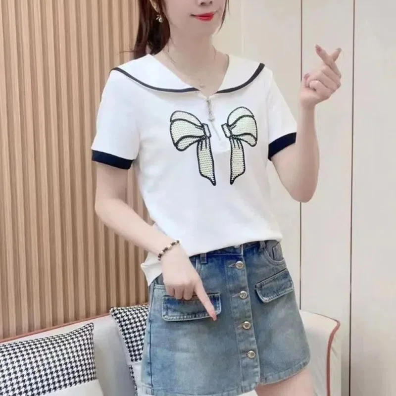 

Women's Clothing Summer New Women's T-Shirt Short Sleeve Peter Pan Collar Slimming Age-Reducing Concealing Belly Fashionable Top