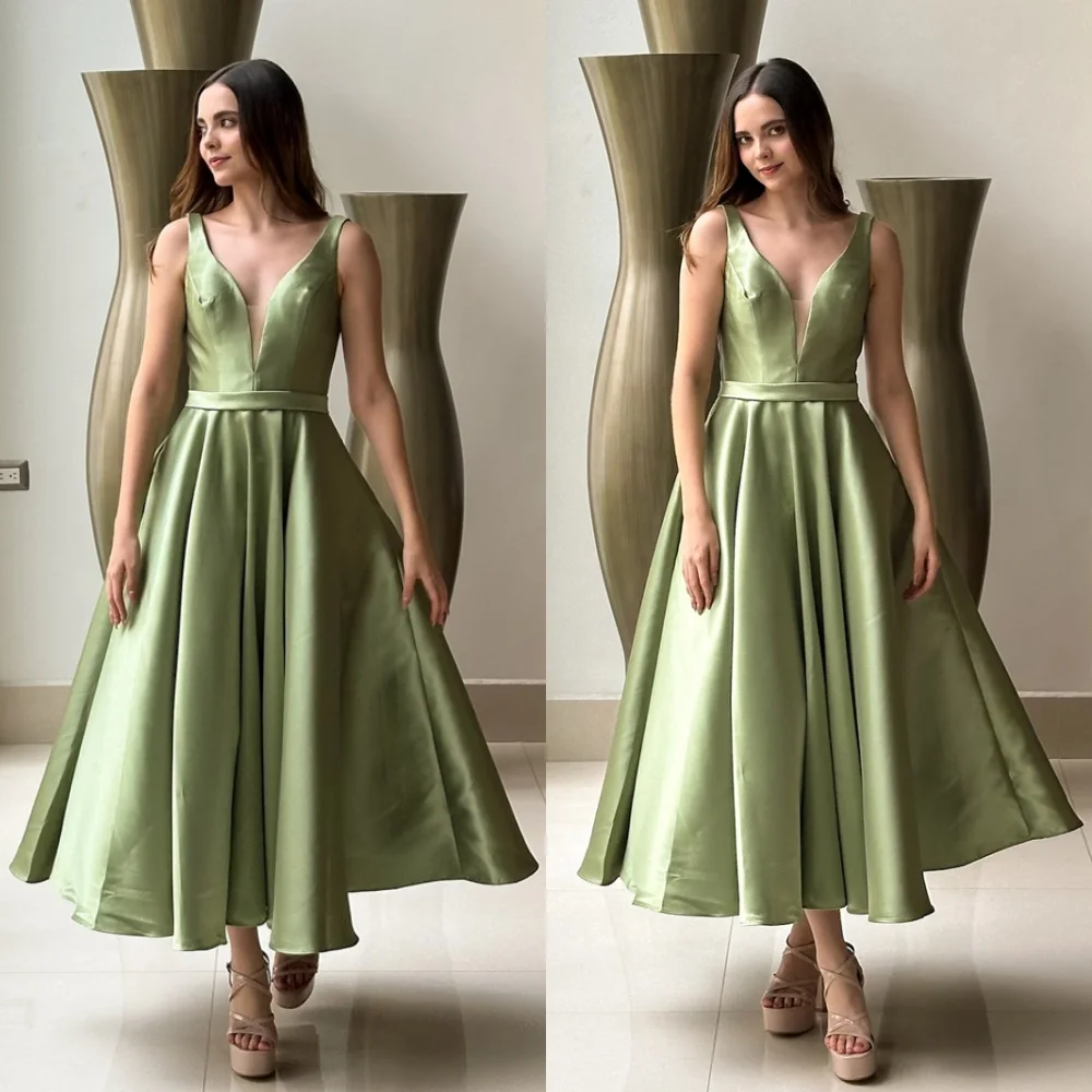 Customized Temperament Green Satin Evening Dress High Quality V-Neck Sleeveless Homecoming Dress Luxury Vestido De Festa