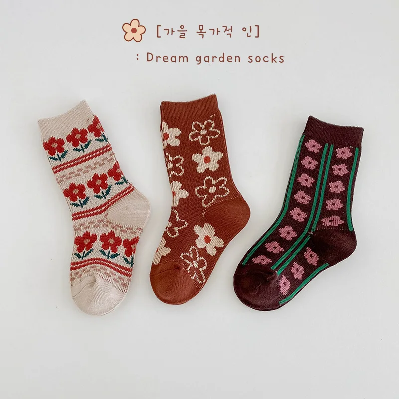 Winter Girls Socks Retro Maillard Floral Pattern Socks Double Cotton Warm Calf Socks Kids Baby Boys Bear Socks