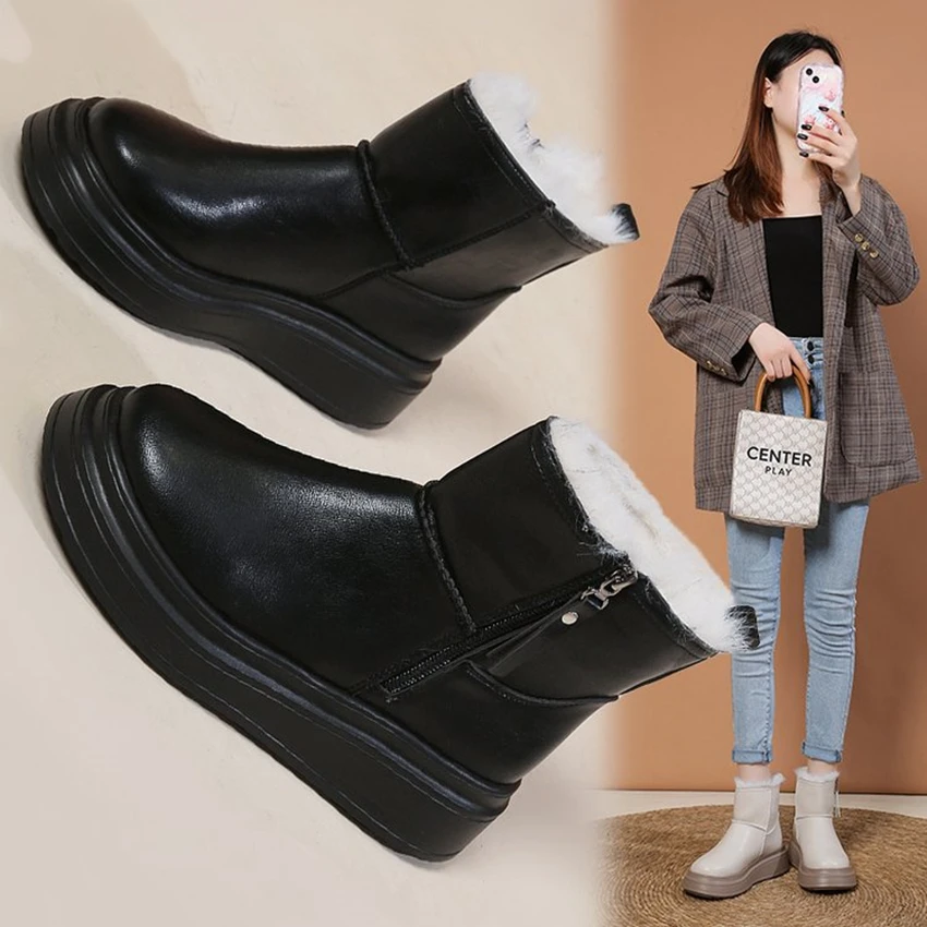 Ladies Genuine Leaather Ankle Boots Winter Plush Womens Shoes 2024 Fashion Vintage Oxford Flats Female Boats Warm Fur Leather 40