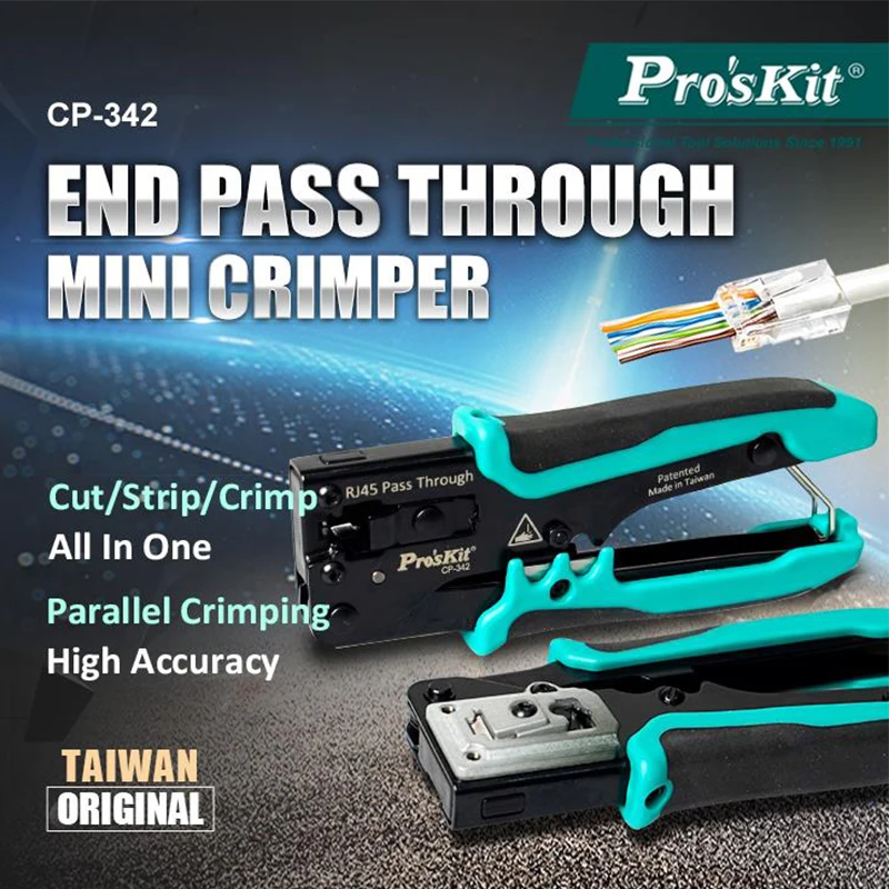 Pro'skit CP-342 End Pass Through Mini Crimper Pliers 8P8C RJ45 Perforated Crystal Head Crimp Tool 4in1 Ethernet LAN Stripper