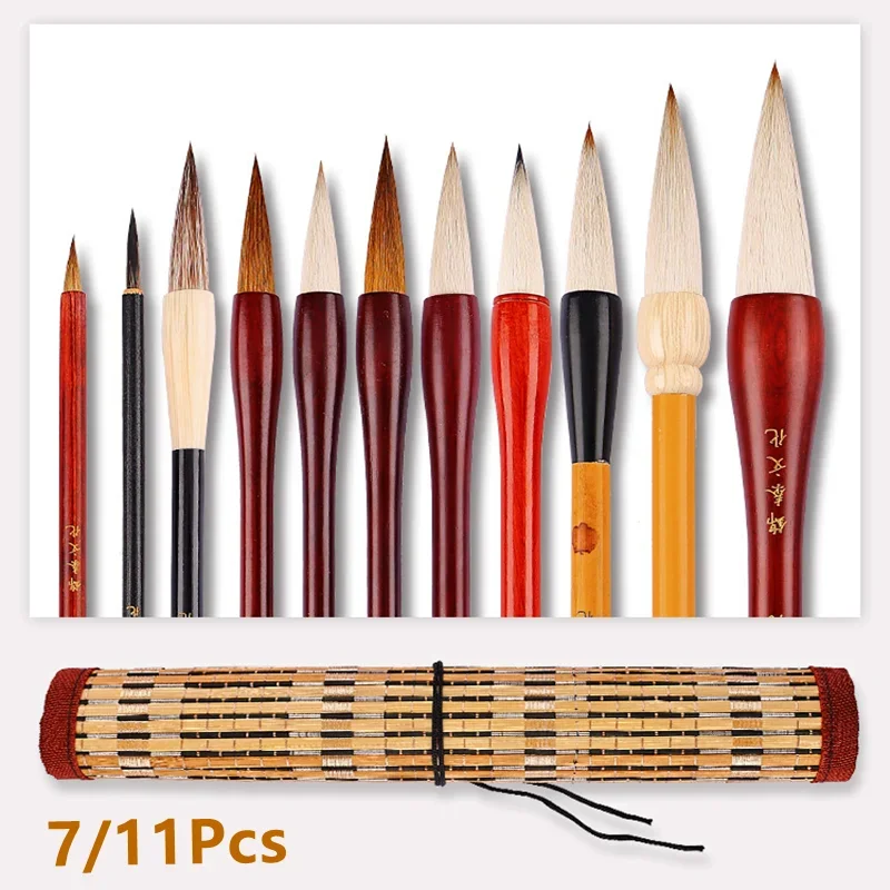 

7/11Pcs Chinese Calligraphy Brush Set Kanji Japanese Sumi Painting Drawing Artist Writing Brushes With Roll-up Bamboo Pen Bag