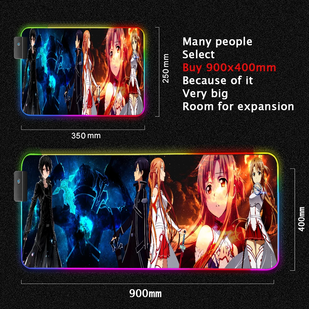 Asuna yuuki rgb mouse pad, tapete retroiluminado para mesa do computador, kirito, anime tampa da mesa, acessórios do jogo, xxl