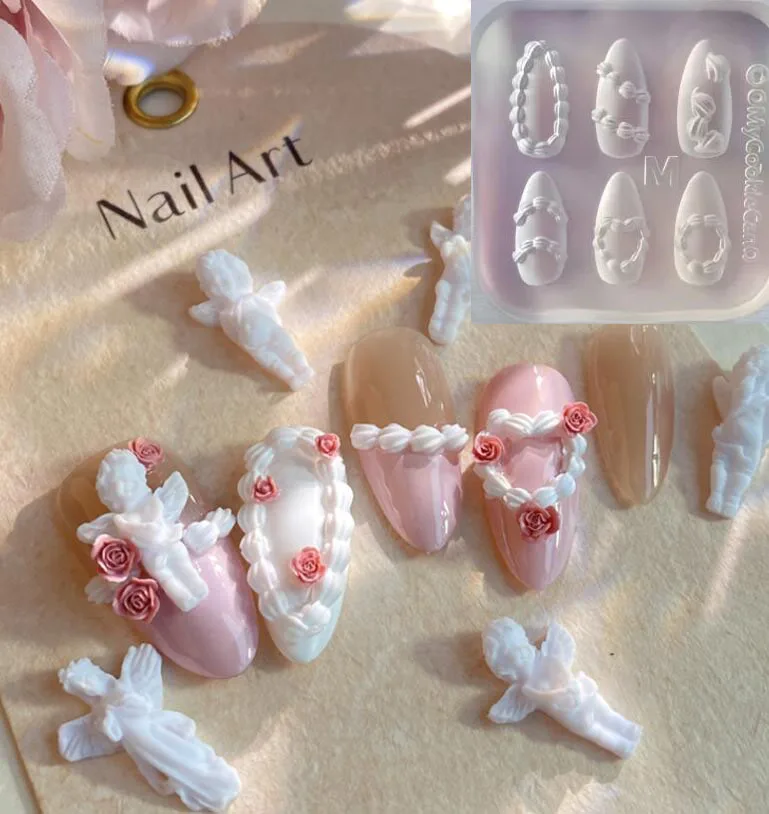 1Pc 3D French Cream Love Silicone Nail Mold Sweet Ice Cream Lace Transparent Nail Template DIY Nail Art Design Acrylic Mold Tool