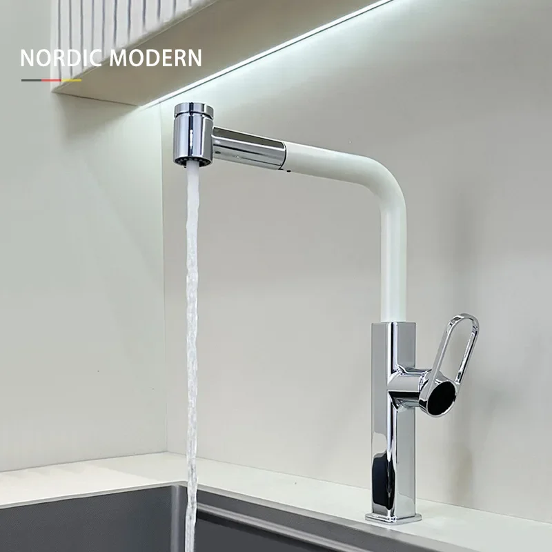 Solid Brass Two-Tone Pull-Out Hot/Cold Water Faucet Milky White Kitchen Sink Vegetable Washing Basin Splash-Proof Faucet