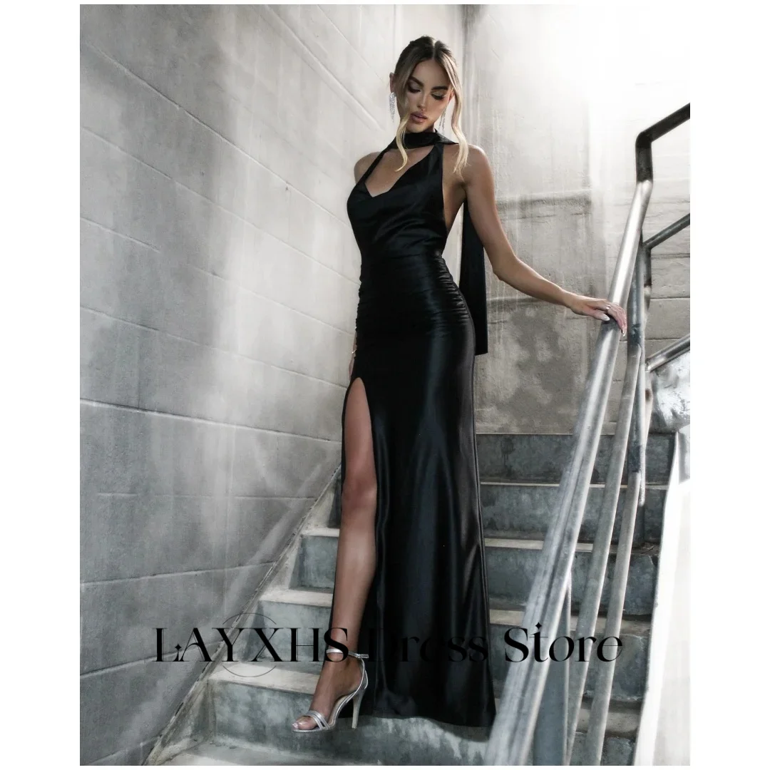 

Customized Black Halter Evening Dresses with Slit Satin Mermaid Saudi Arabic Prom Dress 2025 Backless Corset vestidos de fiesta