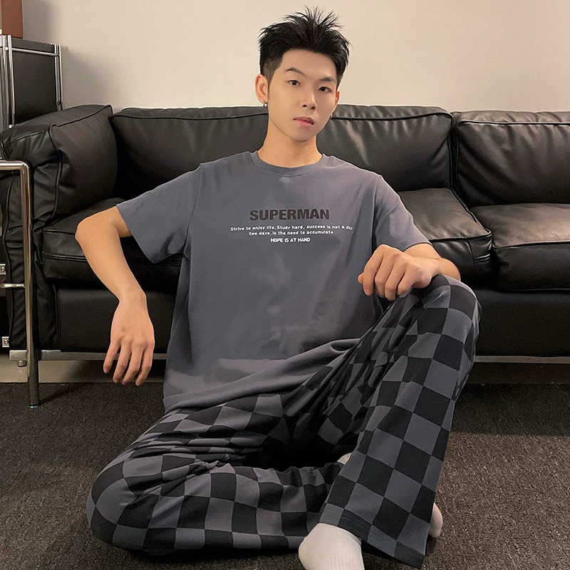 Letni męski bawełniany zestaw piżam z krótkim rękawem i długimi spodniami L-3XL Luźny krój Casual Homewear Young Boy Odzież domowa Hombre Pijamas