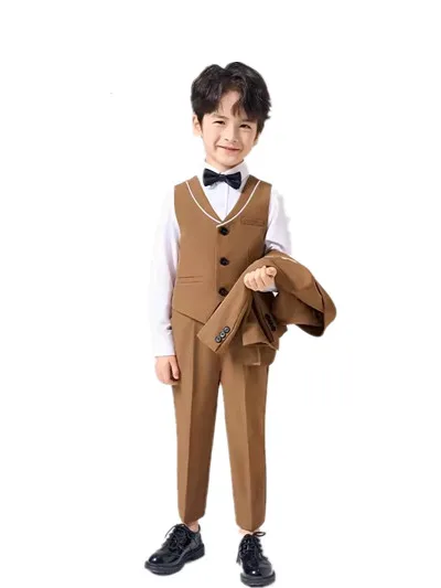 2-15T Flower Boys Wedding Costume Children Spring Khaki Jacket Pants Tie Photograph Suit Kids Formal Ceremony Tuxedo Dress