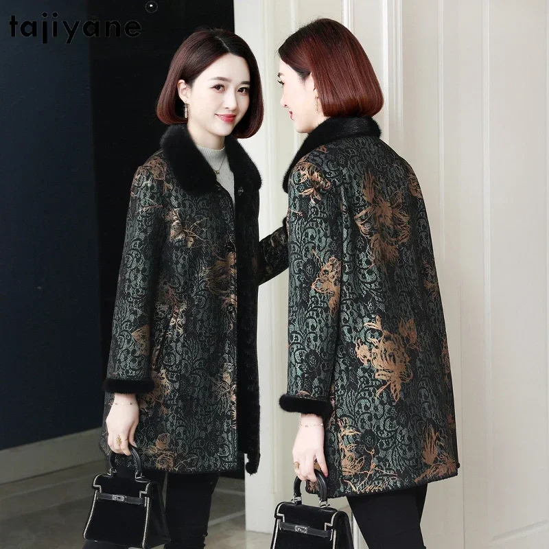 Tajeyane-Chaqueta elegante de lana de oveja para mujer, abrigo de longitud media, Cuello de piel de visón de lujo, prendas de vestir exteriores de estilo coreano, invierno, 2023