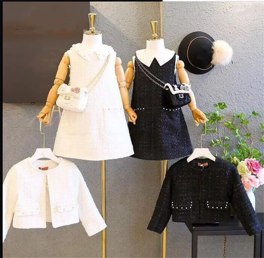 Sweet Outfits Kids Girls Clothes Sets Autumn Winter Children Beading Coat+Dress Vintage Princess 2pcs Outfits Suit 3-12 yrs