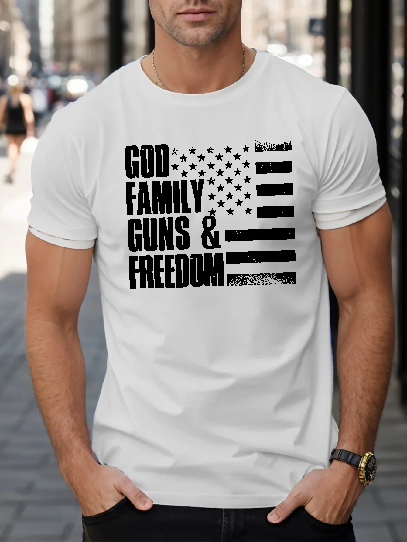 

Patriotic God Family Guns Freedom Mens T-Shirt Beige Short Sleeve Crew Neck 100 Polyester Machine Washable All-Season Casual Top
