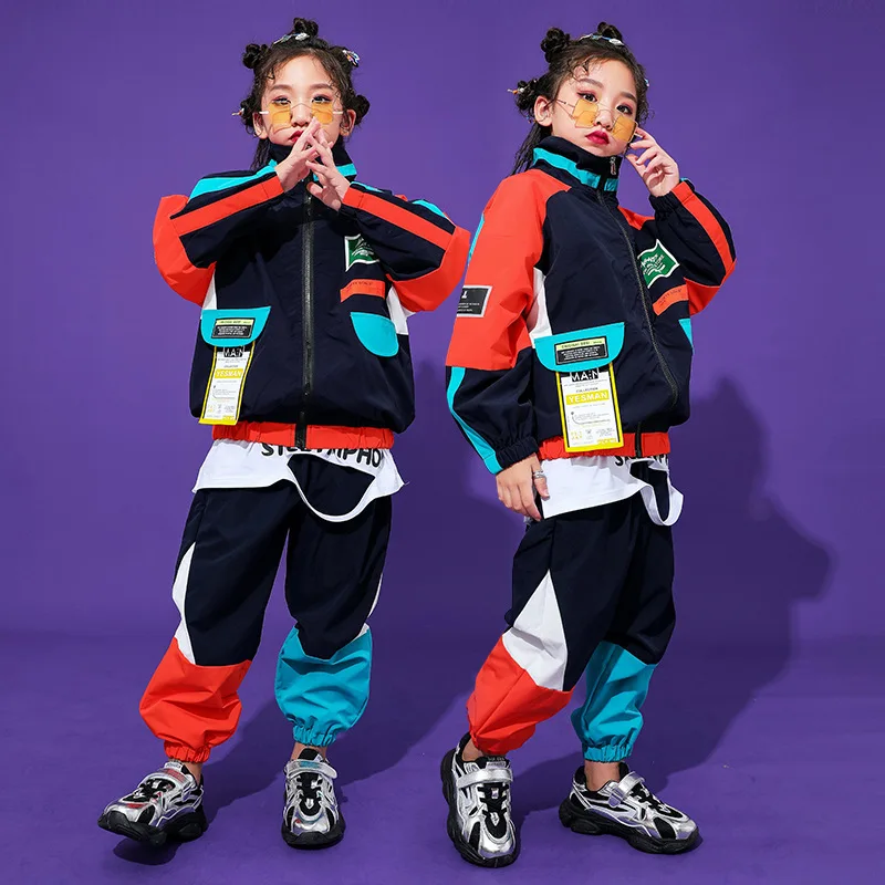 Kid Kpop Hip Hop Clothing Color Block Zip up Windbreaker Jacket Casual Jogger Pants for Girl Boy Jazz Dance Costume Clothes Set