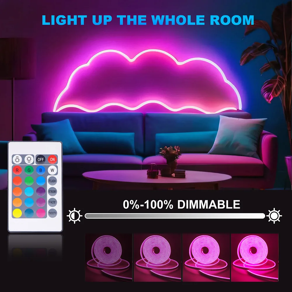 접착 리모컨 포함 USB RGB LED 네온 스트립 조명, 24 키 RGB 키트, 홈 장식, 108LED 유연한 테이프, 6x12mm, 1m, 2m, 3m, 4m, 5V