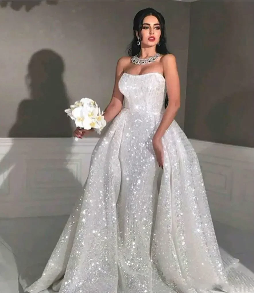 Full Sequin Plus Size Overskirt Country Bridal Gown Glitter mermaid Style arabic wedding dresses with detachable train Strapless