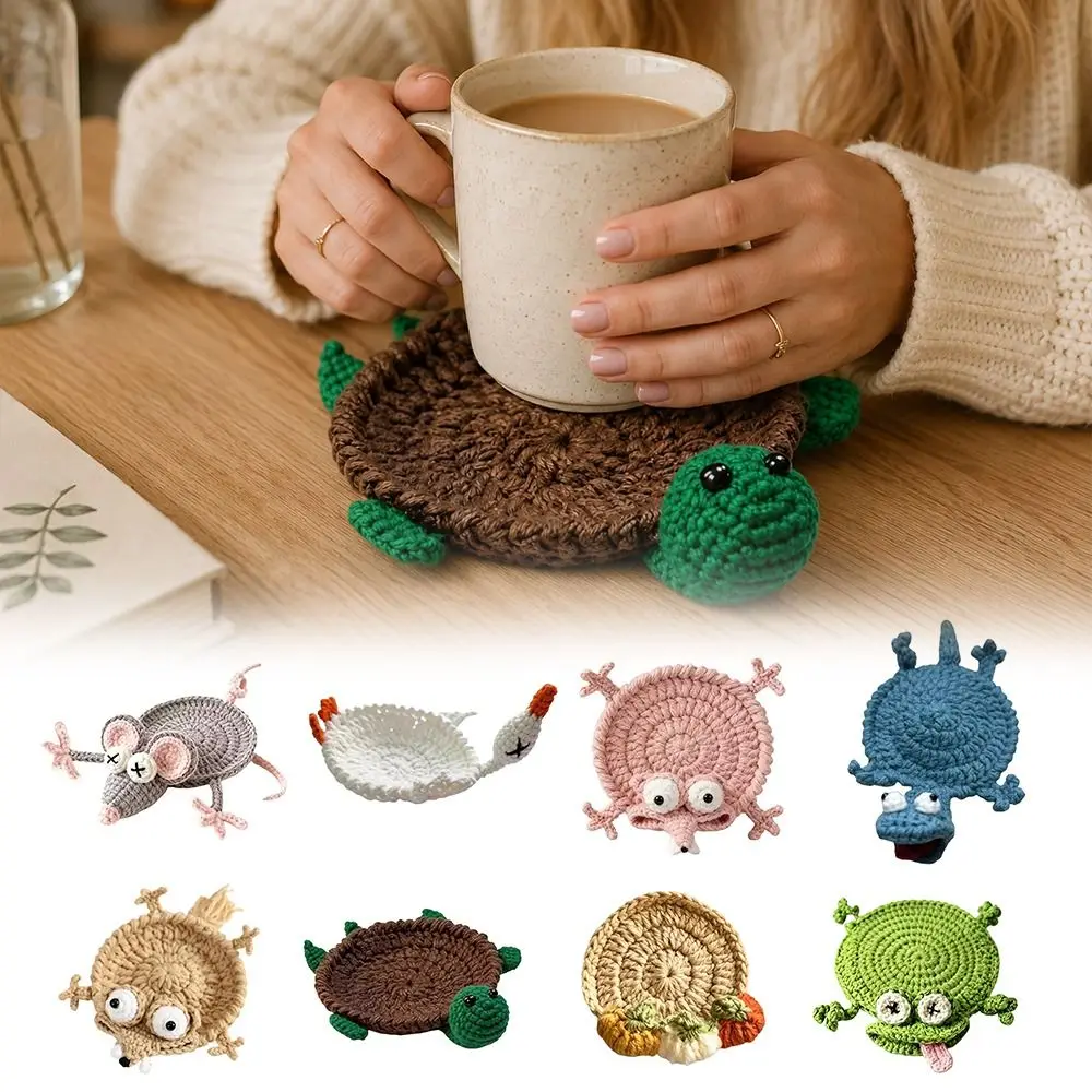 Handmade Crochet Craft Crochet Animal Coaster Soft Knitted Animal Shape Design Cute Cartoon Cup Mat Non-slip Base