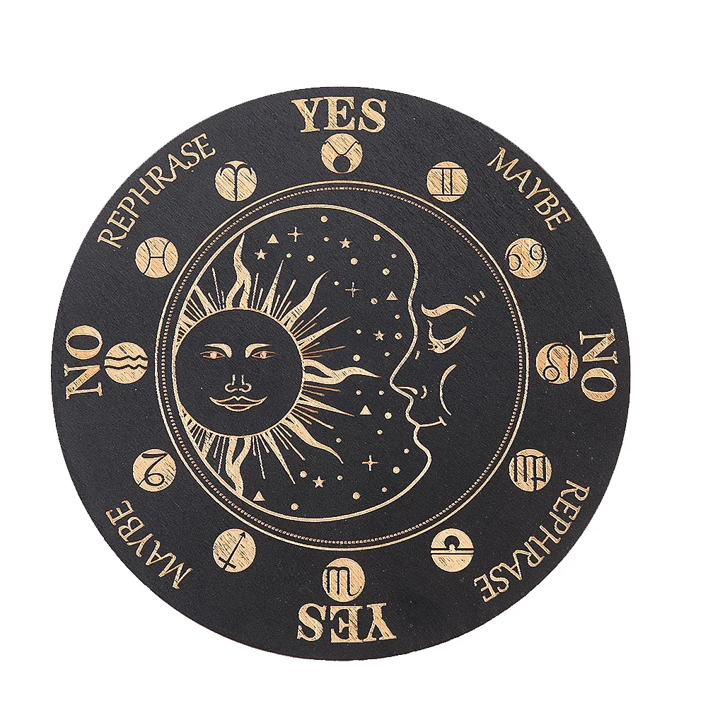 14.8cm Wooden Divination Plate Laser Engraved Sun and Moon Pattern Wood Plank Crystal Energy Display Plate Home Accessories