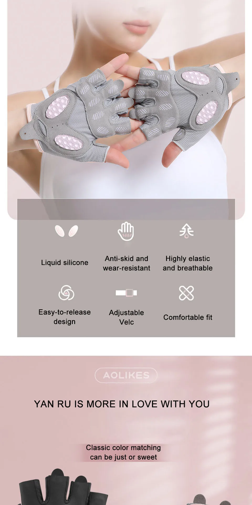 AOLIKES Atmungsaktive Fahrradhandschuhe Workout Gym Handschuhe für Männer Frauen Gewichtheben Fingerlose Handschuhe Training Übung Fitness – Detail 5
