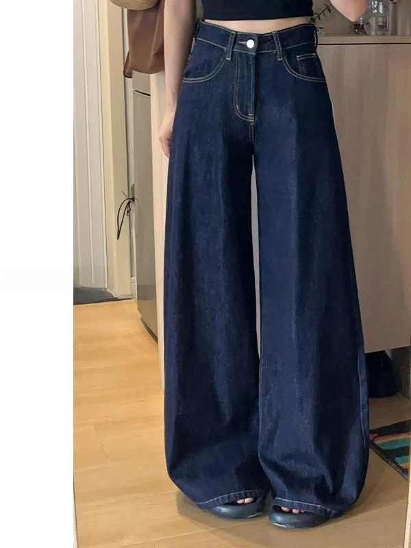 

Deep Blue Wide Leg Jeans Women's Loose Fitting Comfortable Slimming High Waist Straight Cut Trousers for Pear aped Body