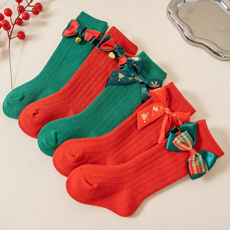 Red Green Medium Tube Socks for Baby Newborn Baby Girls Bow Cotton Princess Stocking Kids for Christmas Winter Non-slip Socks