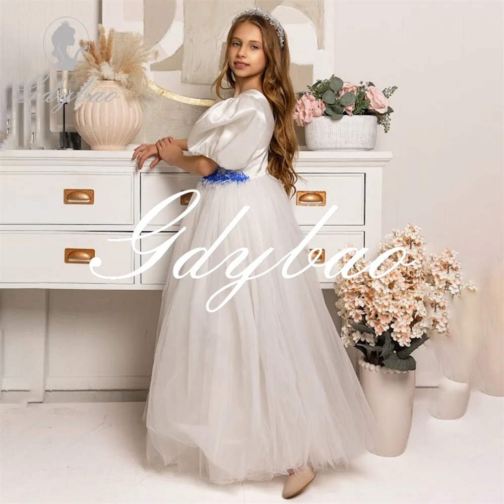 Luxury Crystals O Neck Puff Sleeve A Line Flower Girl Dress Pleat Floor Length Formal First Communion Dress Customized 2025 New