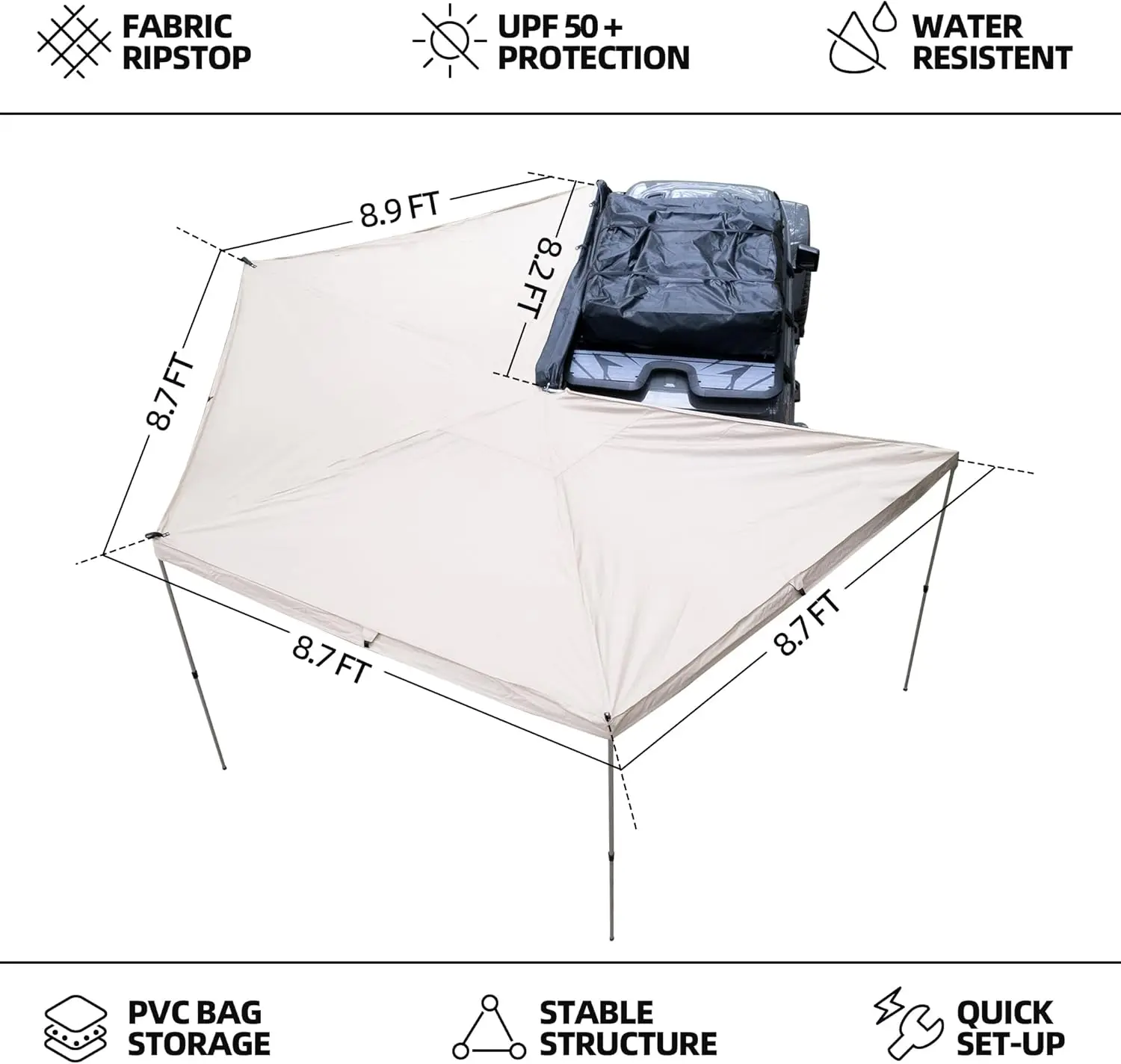 8.2ft x 270 Degree, Rooftop Pullout  UPF50+ Side Awning, Reinforced Hinges & Poles for Jeep/SUV/Truck/Van