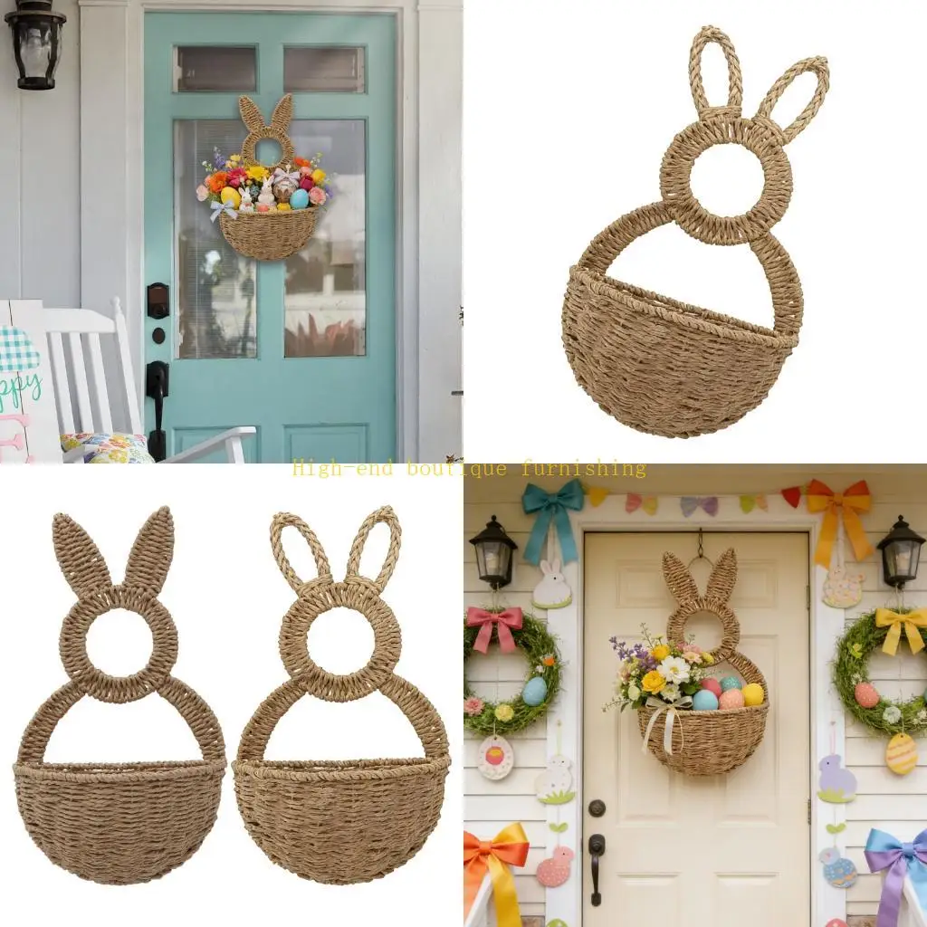 

L9NB Easter Hare Basket Door Hanging Decoration Hand Woven Plastic Wicker Basket