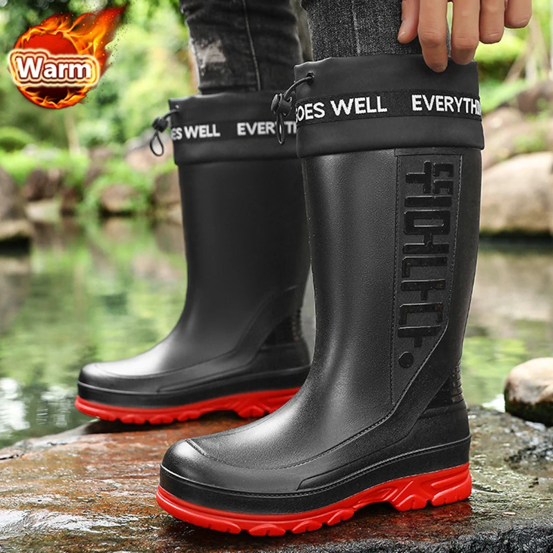 

Thickened Anti-slip Men Rain Boots High Waterproof Non-Slip Work Fishing Shoes Warm Men Water Shoes Rubber Shoes Big Size 39-45