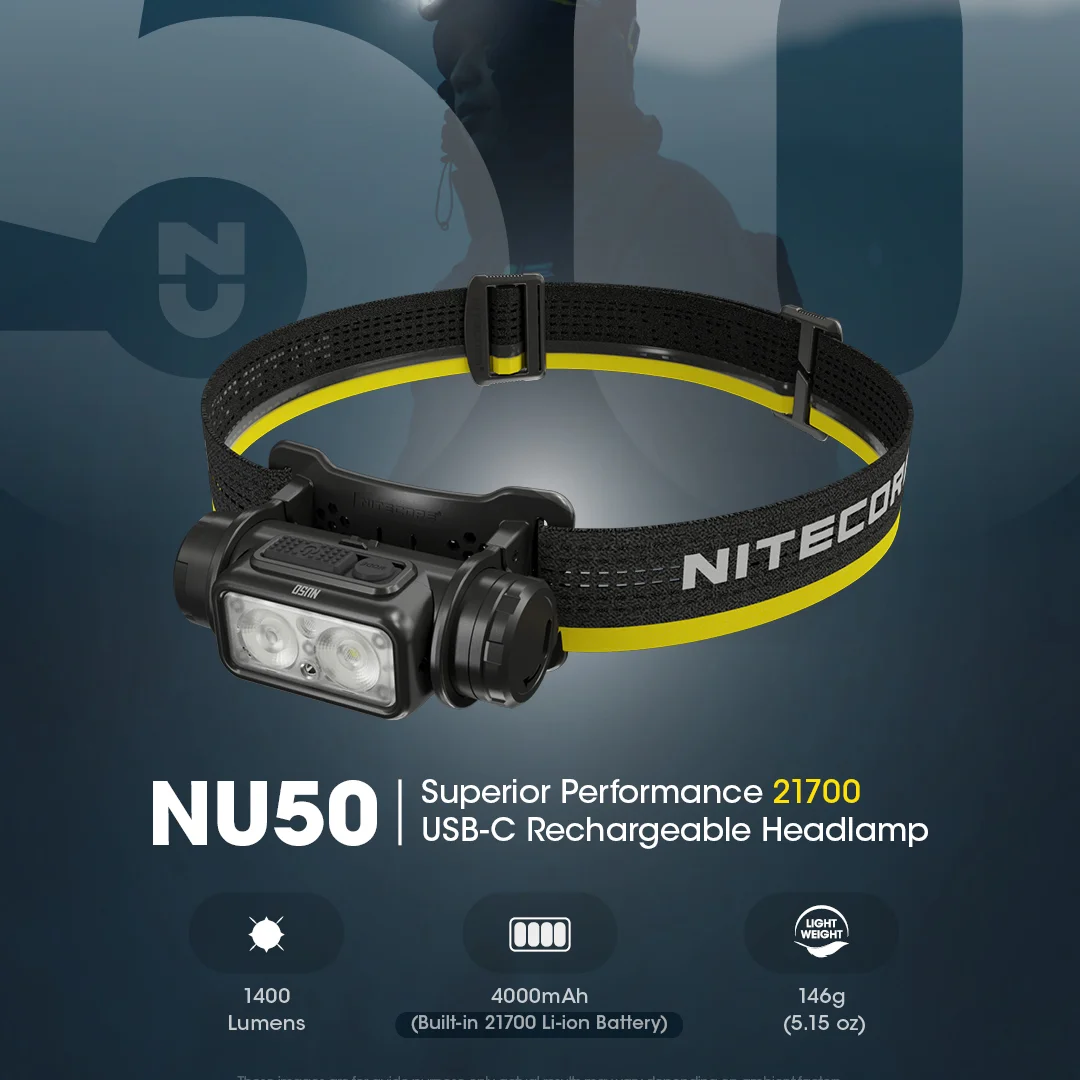 NITECORE NU50 Headlamp 1400 Lumens Long Runtime Lightweight USB-C Rechargeable White Red Light Headlight Built-in 21700 Battery