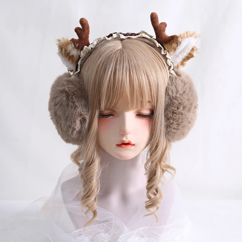 Lolita Girl Christmas Warm Elk Deer Earmuffs Headband New Year Plush Foldable Ear Protector Hair Band Gift