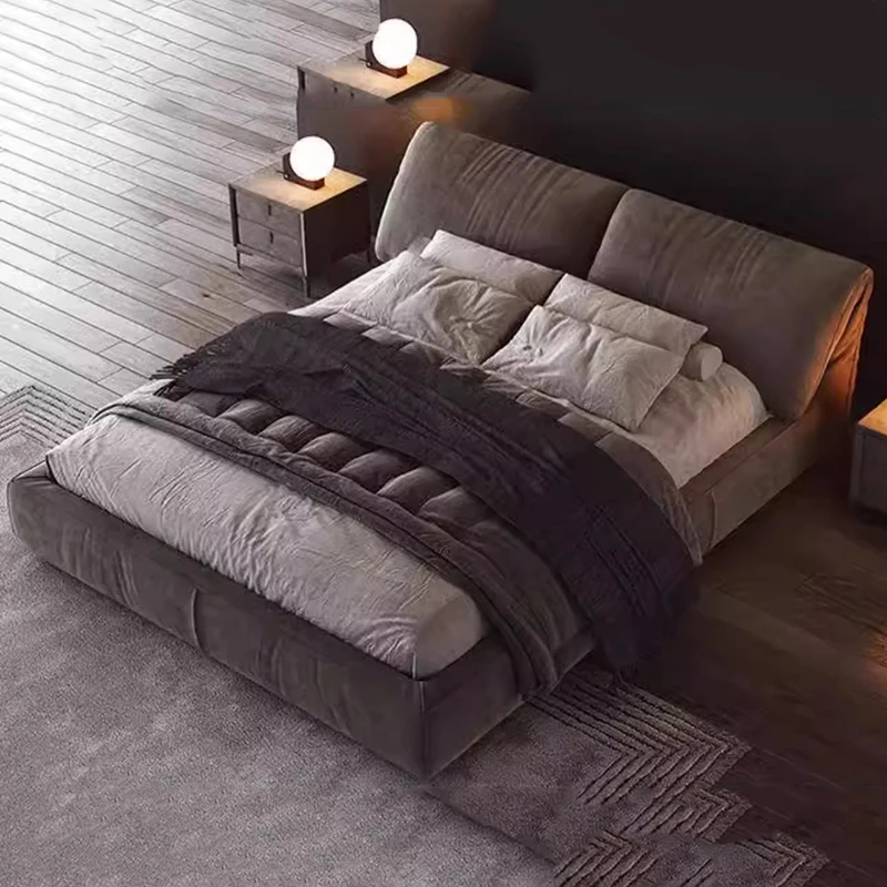 Platform Backrest Double Bed Frame Simple Gray High Modern Bedroom Double Bed Twin Queen Big Letto Matrimoniale Home Furniture