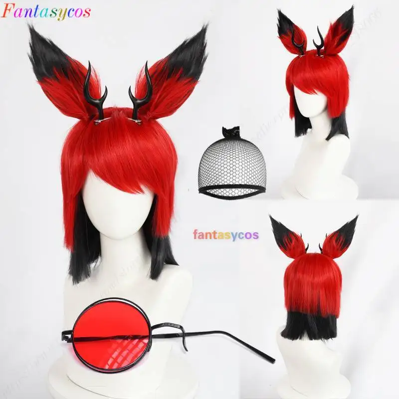 Alastor-Peluca de Cosplay para hombre, cabellera corta de color rojo y negro con orejas, cuernos negros y monóculo rojo, pelo sintético resistente al calor