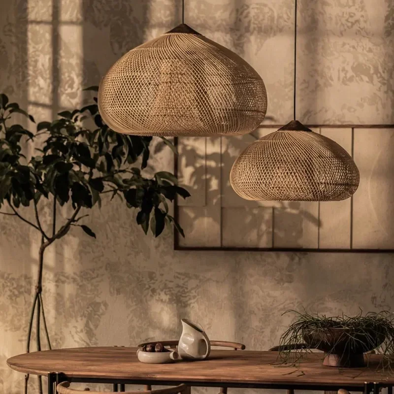 Japanese Handmade Woven Rattan Lamps Creative Home Living Room Dining Room Decoration Ceiling Chandelier Vintage Pendant Lights